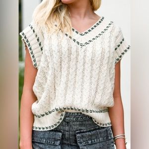 White and Green Cable-Knit Cap Sleeve Sweater Vest